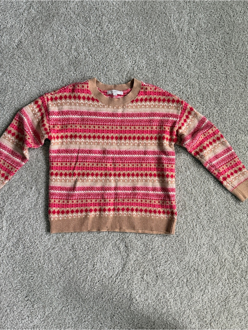 LOFT Beige and Pink Fair Isle Crewneck Sweater